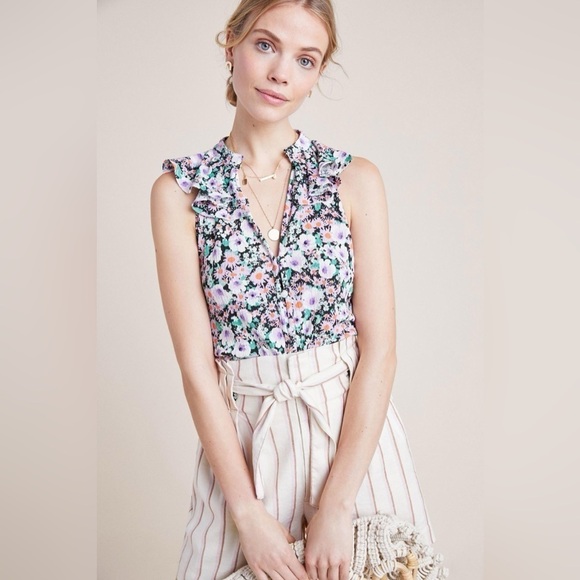 Anthropologie Women Tank Top Medium Black & Pink Chalmers Floral Cottagecore - Picture 4 of 16